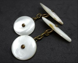 Pair MOTHER OF PEARL Antique DOUBLE CUFFLINKS Edwardian c.  1900 - 1920s 2