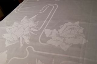 Vintage Damask Linen Tablecloth Abstract Roses Swirls 64 " X 46 " T111