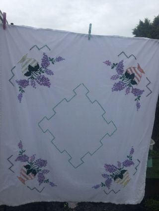 Vintage Hand Embroidered Tablecloth Lilac Blossom Posey.  Lovely