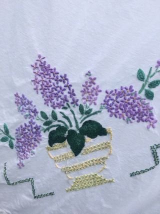 VINTAGE HAND EMBROIDERED TABLECLOTH LILAC BLOSSOM POSEY.  LOVELY 3