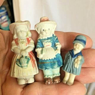 3 Vtg All Bisque Kate Greenway Fairy Tale Girl Dolls In Bonnets 1 Is A Pin Japan