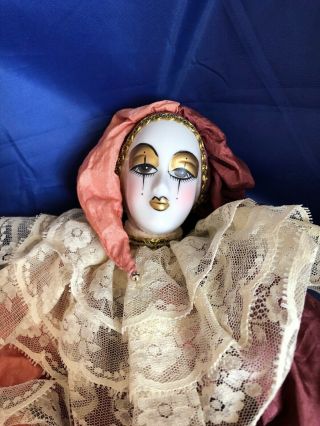 Vintage Pierrot Clown Porcelain Doll Harlequin Jester 16.  5” Mauve