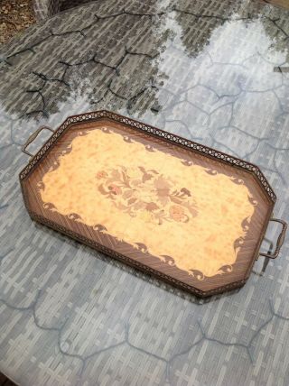 Vintage Italian Cocktail Tray Sorento Floral Marquetry Brass Gallery 1950 