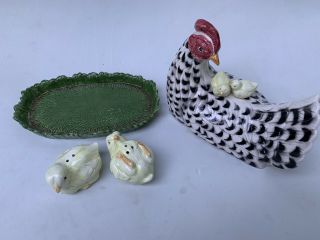 Fitz and Floyd 1992 Chicken Butter Dish And Salt/Pepper Yellow Chicks Poulet 4