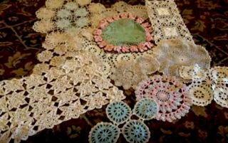 A Selection Of Vintage Coloured Crochet Doilies.