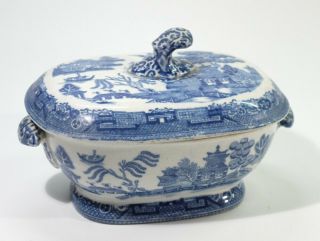 Antique Blue & White Willow Pattern Sauce Tureen & Cover.