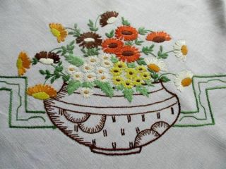 Vintage Tablecloth - Hand Embroidered With Bowls Of Flowers