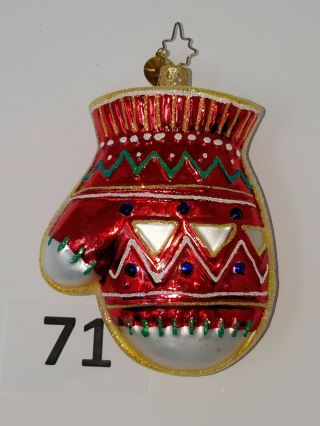 Christopher Radko Red And White Mitten Ornament With Green Stitching