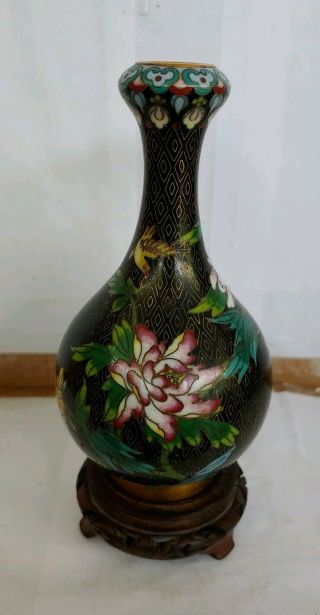 Vintage Japanese Porcelain Hand Painted Bud Vase Wirh Teak Base 6 Inches Tall