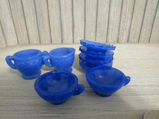 Vintage Miniature Japan Cobalt Blue Glass Tea Set Doll Size Creamer Sugar Cups