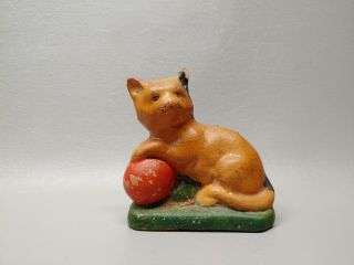 Antique Folk Art Primitive Pottery Cat Kitten With Yarn Figurine 4 1/2 "