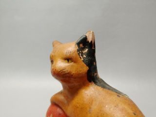 Antique folk art primitive pottery cat kitten with yarn figurine 4 1/2 