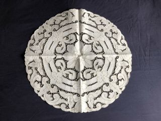 Vintage Cream Linen Madeira Work Hand Embroidered Round Table Centrepiece