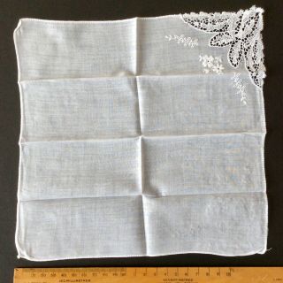 Antique White Handkerchief With Embroidery And Crochet Lace Corner