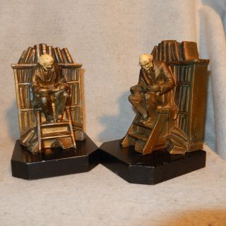 Pair Vintage 1932 Bookends Jb Hirsch The Librarian Celluloid Heads Antique Metal