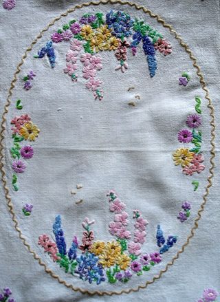 Vintage Irish Linen Compactly Hand Embroidered Garden Flowers Traycloth