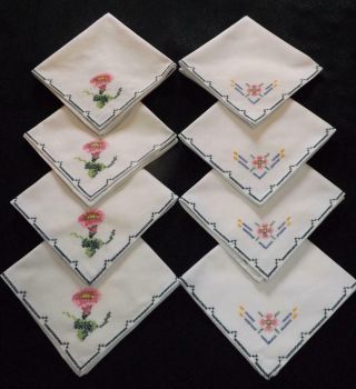 8 X Vintage Cotton Embroidered Napkins Cross Stitch Flowers