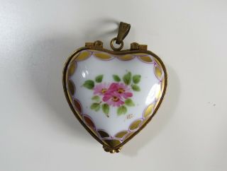 Limoges Rochard Hand Painted Gold Floral Heart Porcelain Trinket Box Locket