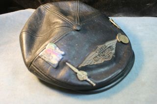 Vintage Harley - Davidson Motorcycle Leather Black Newsboy Hat Dagger Sturgis Pin