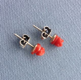 Vintage Antique Red Coral Rose Sterling Silver Stud Earrings