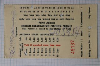Forte Apache Indian Reservation Fishing Permit License Az 1962 Punched