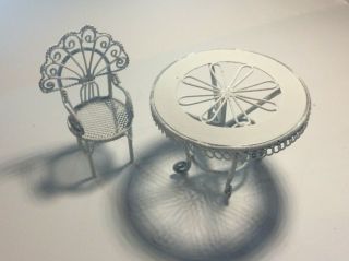 Vintage Dollhouse Miniature White Metal Wicker Patio Table And Armed Chair