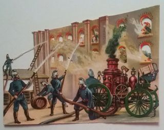 L Antique Embos Victorian Chromo Scrap Firemen Tackling A Large Blaze 14.  5x11cm