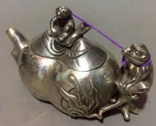 Collectable Old Souvenir Miao Silver Carve Exorcism Two Monkey Hug Fruit Teapot
