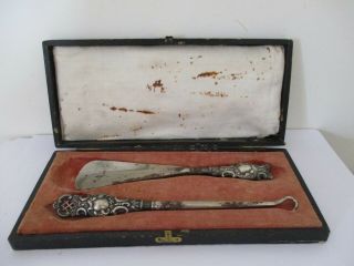 Antique Matching Silver Handled Shoe Horn And Button Hook Set,  1918