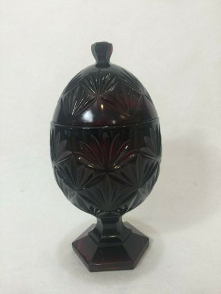 Avon Cape Cod Ruby Red Glass Egg Shaped Footed Covered Candy Jar Dish,  8 3/4 " T
