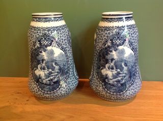 c1890 Antique ROYAL BONN Blue & White Art Nouveau Transfer Printed Vases 2