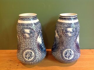 c1890 Antique ROYAL BONN Blue & White Art Nouveau Transfer Printed Vases 3