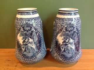 c1890 Antique ROYAL BONN Blue & White Art Nouveau Transfer Printed Vases 4