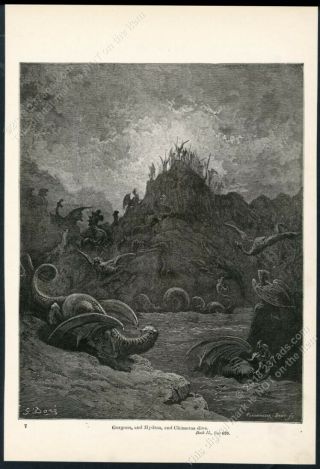 1883 Satan Demons Gorgon Hydra Chimera Paradise Lost Gustave Dore Antique Print