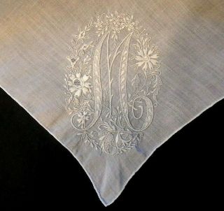Antique White Handkerchief - Fancy Hand Embroidered Monogram " M " - 16 "