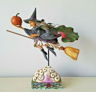 Jim Shore Fly With Me For A Spell Witch Flying On Broom W/ Cat Pumpkin Figurine