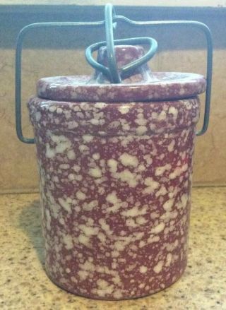 Vintage Wire Holder On Pottery Crock Jar Lid Burgundy Red White Sponged Splatter