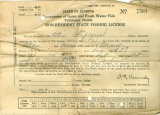 Florida Non - Resident State Fishing License 1938 - 1939