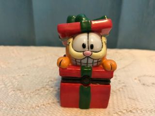 Porcelain Hinged Box - Paws Garfield In Red Gift Package Trinket Box