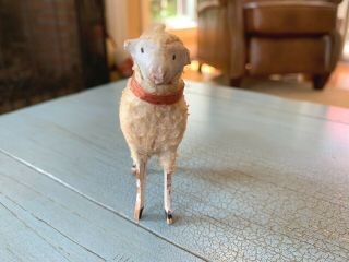Putz Sheep Red Collar Germany German Stick Leg Wooly Antique Nativity Toy 5