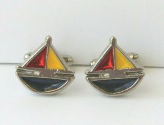 Vintage Red Blue & Yellow Sail Boat Cufflinks