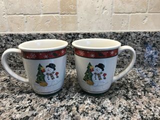 2004 Longaberger Pottery Holiday Bluster Snowman Set Of 2 Coffee Tea Mugs