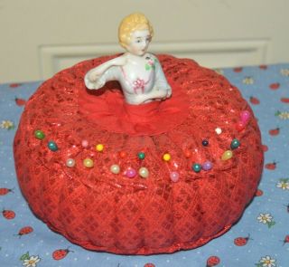Antique Vintage Porcelain Half Doll Pin Cushion Red Dress Colored Pins