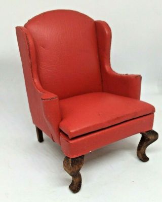 Vintage Dollhouse Miniatures Red Faux Leather Wing Backed Chair