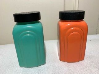 Vtg painted milk glass Salt & Pepper shakers orange & teal with black lids 4