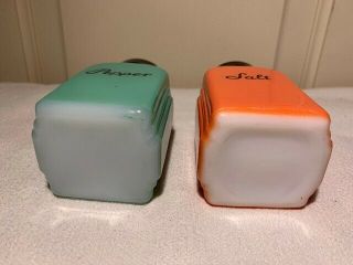 Vtg painted milk glass Salt & Pepper shakers orange & teal with black lids 6