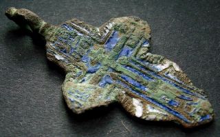 Ancient Bronze Enamel Cross.  Religious Artifact 18 - 19 Century.  43 Mm.  (r.  070)