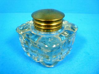 Antique Vintage Heavy Thick Glass Inkwell With Hinged Brass Top