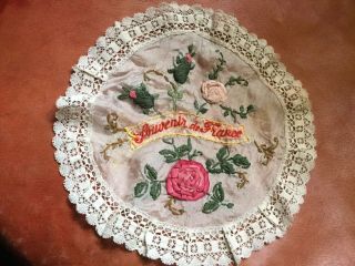 Victorian Embroidered Silk ‘souvenir De France’ Doily.