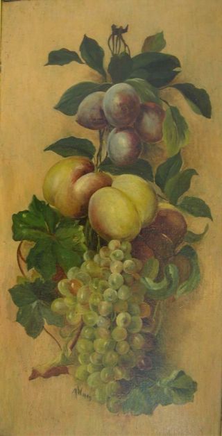 Superb1897 antique Victorian oil painting still - life of hanging fruit signed M W 2